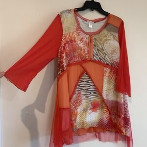 Mirror Image Tunic Sz XL Whimsical Patchwork Art to Wear Asymmetrical Hem Sheer
